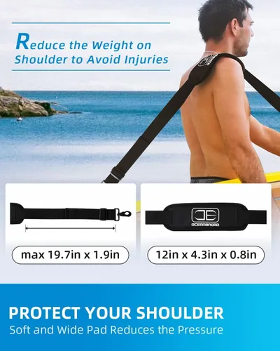 Vista 6 de OCEANBROAD Correa de transporte de hombro ajustable con clips para kayak SUP Correa de hombro de la nueva versión, accesorios universales