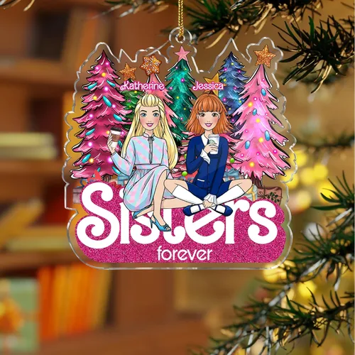 Vista 5 de Gossby Adorno de Navidad acrílico personalizado para hermanas para siempre, regalo personalizado con diseño, nombre, decoración de árbol de 2