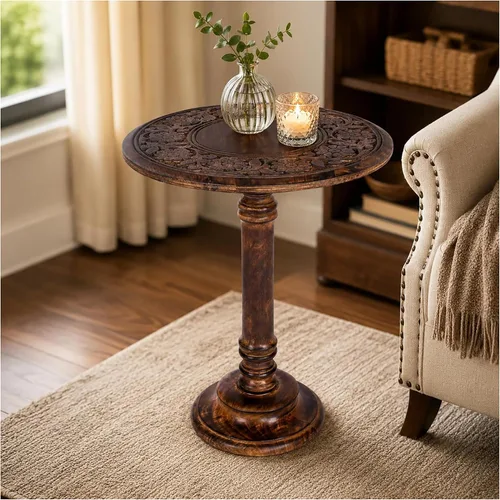 Vista 19 de Mesa auxiliar de madera de mango tallada a mano – 18x22 rústica