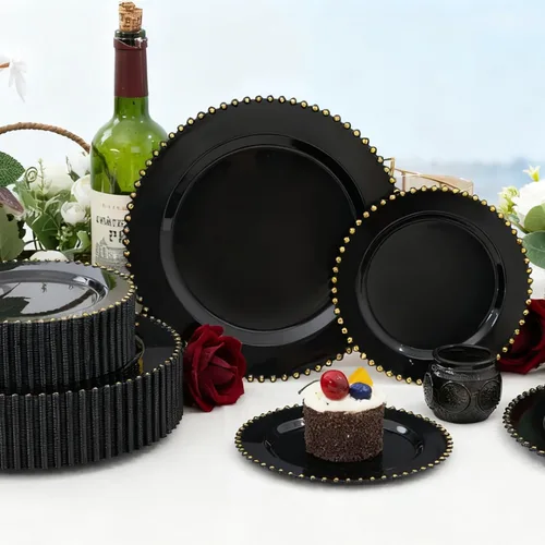 Vista 5 de supernal 100 piezas Platos de plástico negros y dorados, platos desechables negros, suministros de fiesta de Halloween que incluyen 50 platos