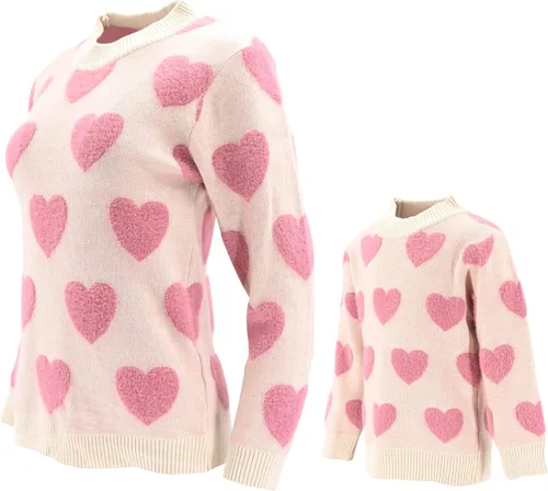 Vista 2 de Unique Baby Suéter de punto con cuello redondo para niñas Mommy and Me, Rosado con corazones