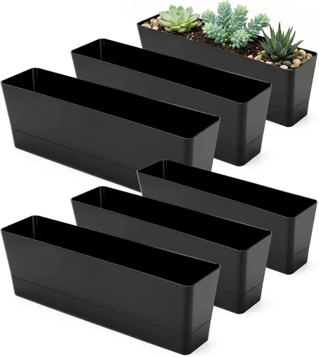 Vista 11 de GREANER Maceteros de hierbas de 12 x 3.8 pulgadas, 1 paquete de cajas rectangulares con bandeja, maceta de plástico para suculentas