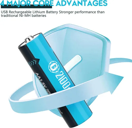 Vista 6 de Baterías de litio recargables USB de 1.5 V, tamaño AA, batería doble A de larga duración, 2100 mAh con cable de carga, paquete de 4
