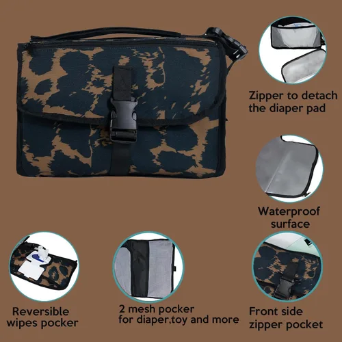 Vista 4 de Cambiador portátil para bebé, cambiador de viaje plegable con tapete impermeable de PEVA, perfecto para recién nacidos y bebés (leopardo)