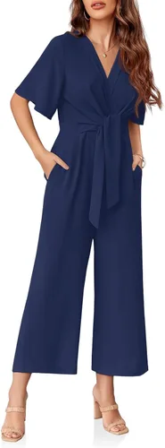 Vista 4 de GAMISOTE Enterizo de pierna ancha para mujer, manga corta, nudo frontal, overol largo de verano