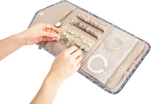 Vista 6 de Bagsmart - Organizador de joyas plegable de viaje para anillos, collares, pulseras, aretes, Blanco (White Leaf), S