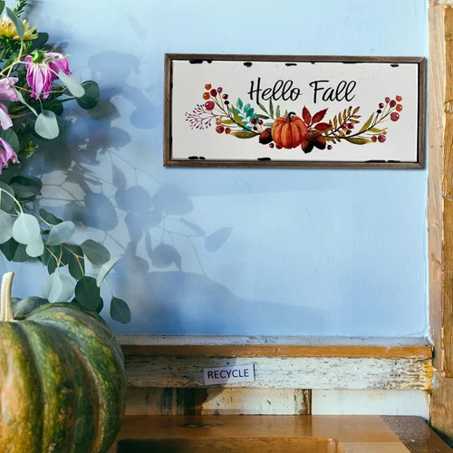 Vista 8 de Letreros de madera con texto en inglés «Hello Fall» para decoración de pared para el hogar, cocina, casa de campo, chimenea, centro de mesa, madera