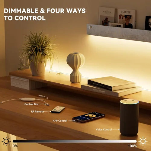 Vista 9 de PAUTIX Tiras de luces LED COB 65.6 pies/20m blanco cálido 2700K, compatible con Alexa/Google Assistant, tiras LED regulables para dormitorio