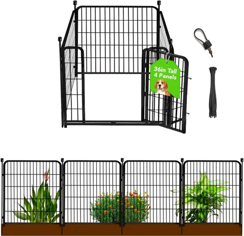 Vista 8 de Vallas Decorativas de Jardín de 24 pulgadas (H) con Puerta, 8 Paneles Total 15.7 pies (L) Valla de Barrera de Hierro Resistente para Animales
