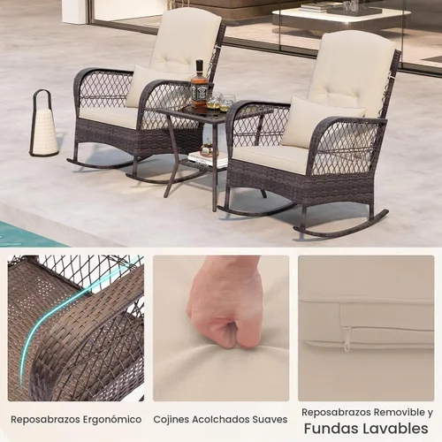 Vista 6 de ORALNER - Juego de 3 mecedoras para patio, de mimbre, color beige