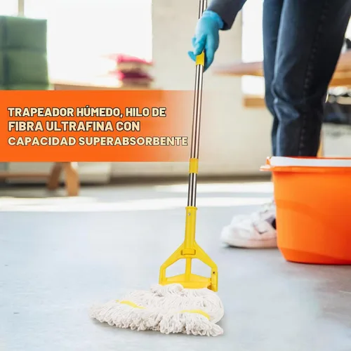 Vista 4 de Trapeador húmedo industrial resistente con mango largo de 48 pulgadas, mopas comerciales húmedas de algodón para limpieza de pisos, hogar, cocina