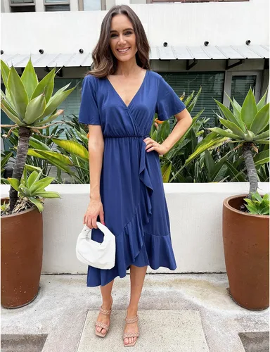 Vista 4 de LAISHEN Vestido de maternidad para sesión de fotos, manga corta, cuello en V, volantes, casual, baby shower, boda, invitada, ropa de embarazo