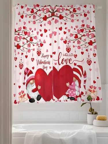 Vista 3 de Cortinas CosyBright Feliz Día de San Valentín, 63 Pulgadas de Largo, 2 Paneles, Gnomos, Cortina de Ventana Roja, Corazón de Amor, Árbol, Cortinas