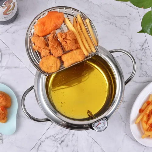 Vista 7 de Prodent Olla para freidora, olla de acero inoxidable de 3.4 L, con termómetro, olla de tempura con tapa de rejilla de goteo de aceite, freidora