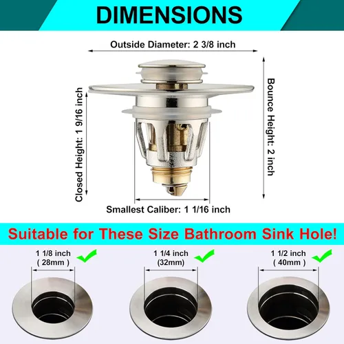 Vista 2 de Tapón Universal para Lavabo de Baño - Filtro de Drenaje de Lavabo con Rebote, Tapón de Drenaje Emergente de Níquel Cepillado, Tapón de Fregadero