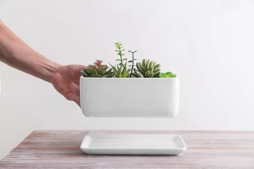 Vista 5 de Maceta moderna rectangular minimalista de cerámica de 10 pulgadas para plantas suculentas/Caja abierta con platillo, Moderno, Blanco
