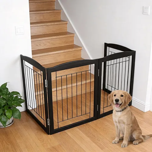 Vista 3 de ZJSF Puerta plegable independiente para perros para casa, puerta de madera extra ancha para cachorros, escaleras, puertas para mascotas, valla alta