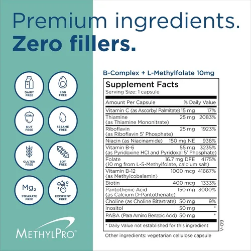 Vista 7 de MethylPro B Complex + L-Metilfolato 10 mg - Mezcla de vitaminas metiladas biodisponibles - Apoya la energía y el estrés - Vegetariano e