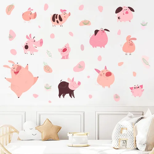 Vista 7 de Juego de calcomanías de pared de cerdo de dibujos animados divertidos, juego de calcomanías de pared de cerdo divertido con puntos de animales