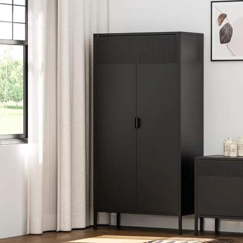 Vista 123 de Gabinete de almacenamiento de metal ancho negro, gabinete de acento de 2 puertas para el hogar y la oficina, gabinete de metal bajo de 2 niveles