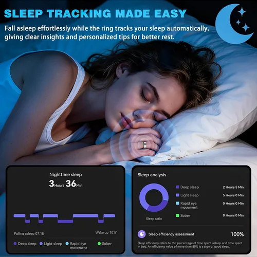 Vista 3 de Anillo inteligente para mujeres y hombres, anillo de seguimiento de salud y fitness, monitoreo del sueño con estuche de carga, SpO2, frecuencia