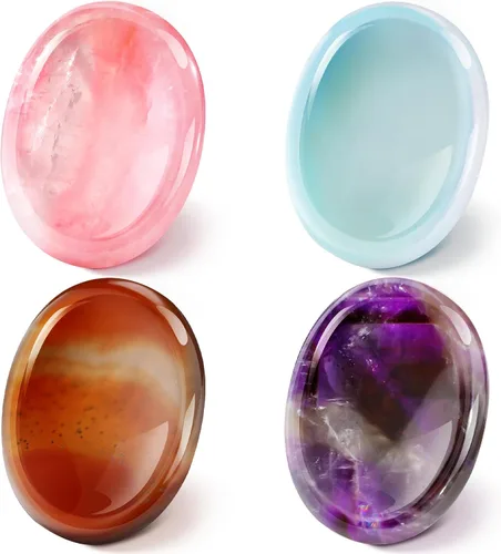 Vista 13 de Roowest 4 piedras de preocupación para el pulgar para la ansiedad, cristal natural, piedras curativas, chakras, amatista, ojo de tigre, cuarzo