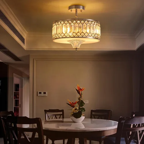 Vista 2 de Gold Crystal Ceiling Light Fixture for Hallway Foyer Bedroom Kitchen Island, 13" Modern Drum Round Close to Ceiling Light Fixture, 3-Light, Brushed
