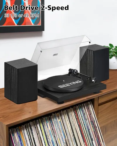 Vista 6 de Tocadiscos de Vinilo Bluetooth con Altavoces Estéreo de Estantería de 36 Vatios, Sistema Hi-Fi con Cartucho Magnético, Grabación USB y Parada Negro