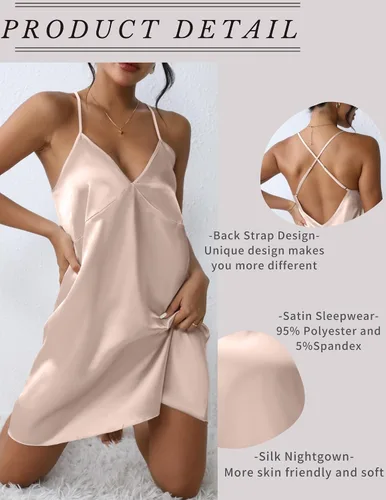 Vista 4 de Ekouaer Camisón de satén de seda para mujer, ropa de dormir, vestido de lencería de seda, mini camisón de seda S-XXL