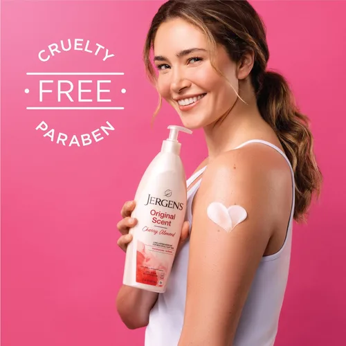 Vista 2 de Jergens Loción para piel seca de aroma original, hidratante corporal para manos y cuerpo, esencia de almendra de cereza, probado por dermatólogos
