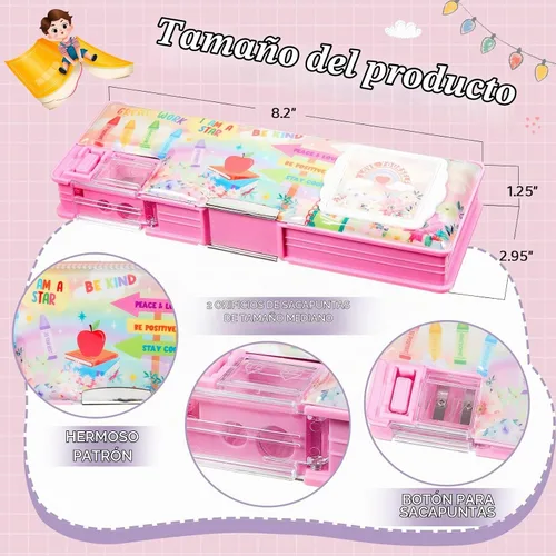 Vista 2 de Henoyso Estuche multifuncional de 2 piezas con calculadora para niñas, bonita caja de lápices de plástico con sacapuntas, bolsa para bolígrafos