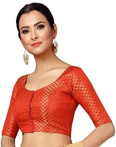 Vista 2 de Mujeres partido desgaste Bollywood poliéster brocado Readymade estilo sari blusa codo mangas, Rojo