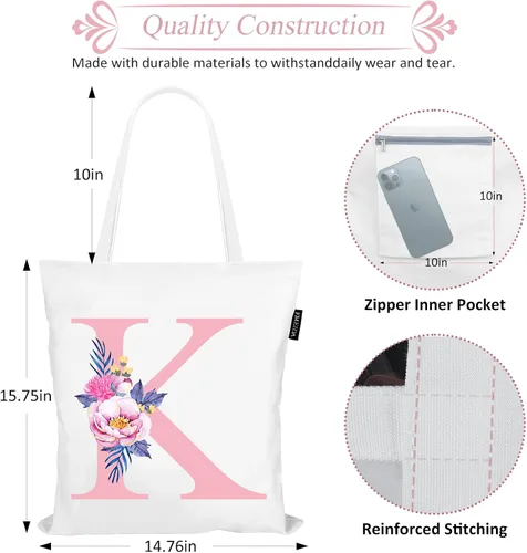 Vista 3 de Bolsas de lona con iniciales florales, bolso personalizado con letras rosas con monograma, regalo de Navidad, graduación de cumpleaños, letra D