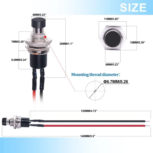 Vista 3 de Twidec/10UNIDADES 3V-6V-12V-24V-250V Interruptor de botón momentáneo de 2 pines SPST ENCENDIDO/APAGADO 7mm Negro 1A Mini interruptor de botón