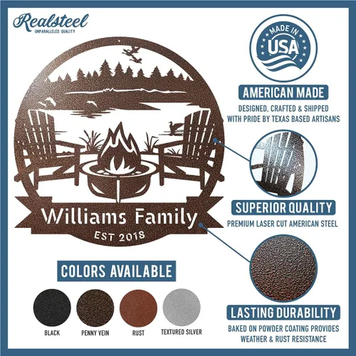 Vista 2 de RealSteel Letrero de metal personalizado con monograma de fogata de lago, nombre de familia personalizado para casa del lago, campamento, hoguera