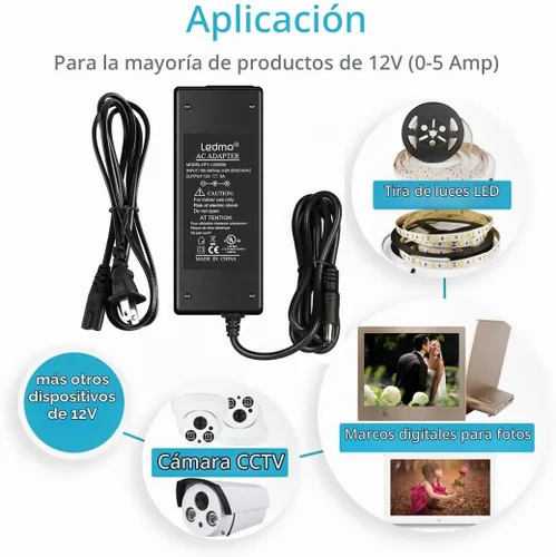 Vista 5 de LEDMO Fuente de alimentación, transformadores, adaptador LED, 12V 5A 60 vatios Max AC 100-240V a DC 12V controlador LED para luces de tira LED