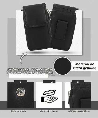 Vista 5 de Leatherboss - Estuche de cuero para cigarrillos con soporte para encendedor y bolsillo con cremallera (negro)