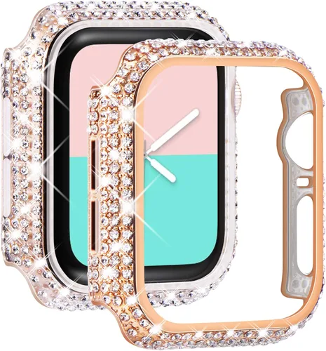 Vista 15 de NewWays Paquete de 2 fundas brillantes con diamantes completos para Apple Watch 40mm para mujeres, protector de diamantes completamente pavimentado