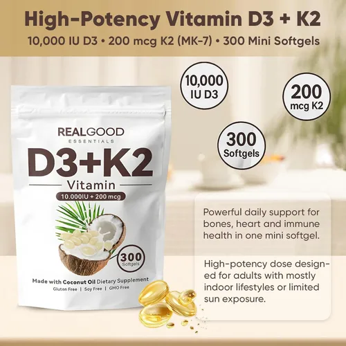 Vista 2 de Real Good Essentials Vitamina D3 K2, Essentials D3+K2 (MK7) Aceite de coco 300 cápsulas blandas, con vitaminas D y K (1)