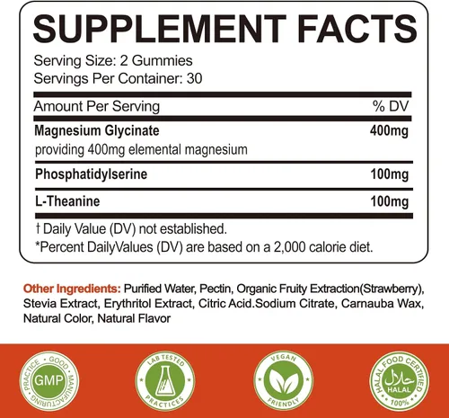 Vista 2 de Gomitas de glicinato de magnesio de 400 mg con L-teanina, fosfatidilserina, sueño, estrés y alivio muscular, para adultos y niños, sin OMG, veganas