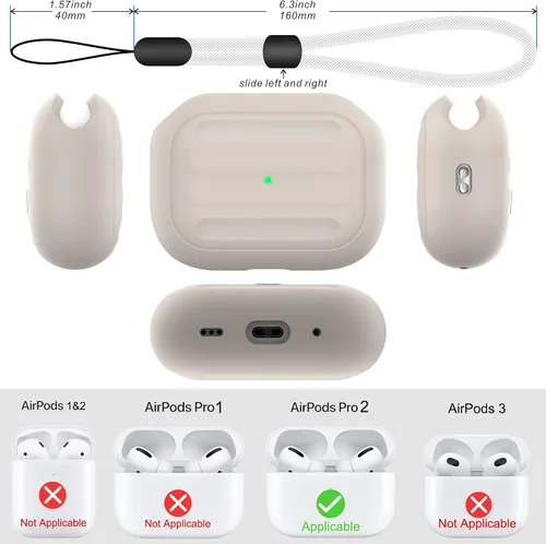 Vista 5 de Funda antipérdida para AirPods Pro (2ª generación), diseño de una pieza, carga inalámbrica, LED visible, cordón incluido (beige)