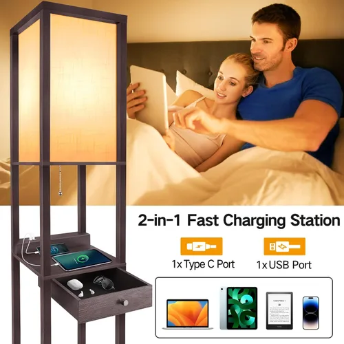 Vista 2 de OUTON - Lámpara de pie con estantes de lujo, incluye 1 cajón, 2 puertos USB-C, 2 tomas de corriente, lámpara LED moderna de pie con 3 temperaturas