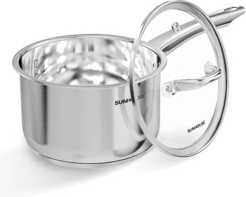 Vista 13 de SUNHOUSE - Sartén de acero inoxidable de 1.5 cuartos de galón con tapa, olla pequeña para cocinar PFOA-Free Uncoated Milk Pan & Butter Warmer