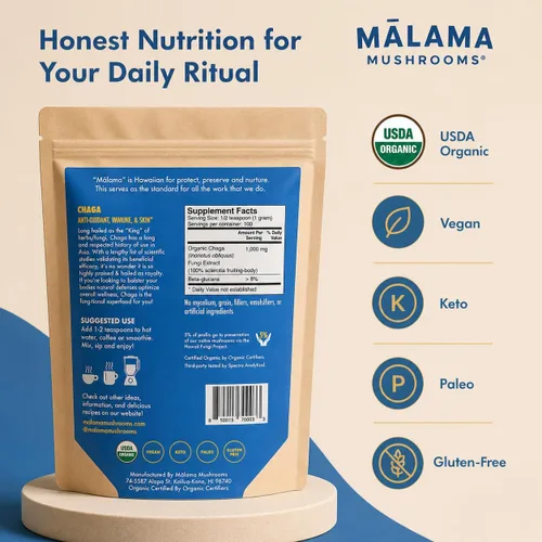 Vista 2 de Polvo de extracto de Chaga de Malama, polvo de hongos Chaga orgánico fructífero, superalimento adaptogénico, apoya el sistema inmunológico, la salud