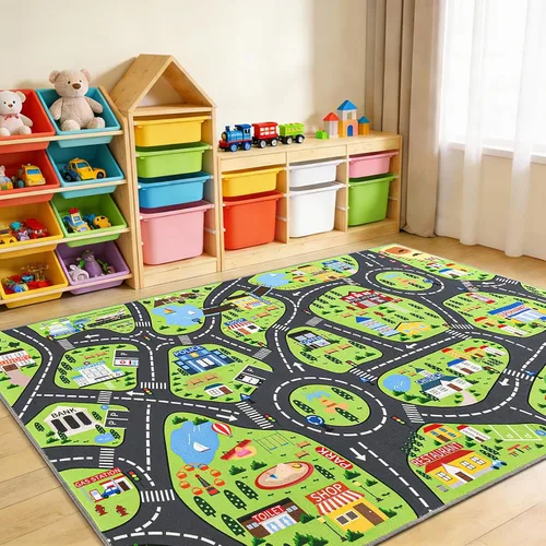 Vista 20 de Alfombras de juego de autos para niños, 36 x 60 pulgadas, tapete de juego de mapa de ruta urbano para jugar con autos, camiones, tapete de juego