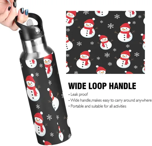 Vista 4 de Cute Snowmen Black Stainless Steel Vacuum Insulated Water Bottle 20 Oz Leakproof Water Bottles, BPA-Free Sports Water Bottle with Straw
