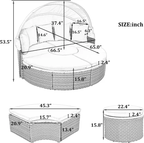 Vista 3 de KEVINSPACE Sofá cama para patio al aire libre con toldo retráctil, cojines lavables, muebles redondos de mimbre para exteriores, sofá modular de 65