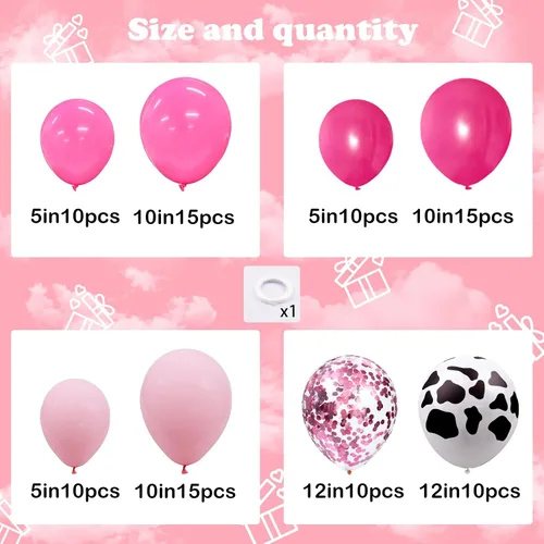 Vista 2 de Arco de globos de vaquera, 95 unidades, color rosa, estampado de vaca occidental, globos de confeti para discoteca occidental, vaquera, caballo