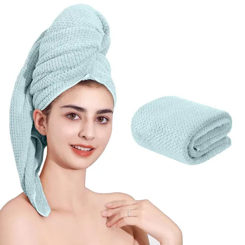 Vista 12 de Toalla de microfibra para el cabello de secado rápido, toallas de secado de pelo, adecuadas para todo tipo de cabello, ultra absorbente, cabello Azul