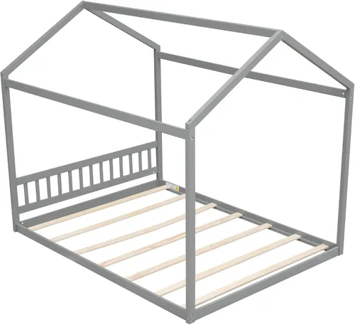 Vista 6 de Merax Cama de madera tamaño Queen con cabecero, no necesita somier, gris